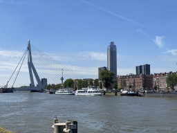 Boats in the Koningshaven harbour, the Erasmusbrug bridge, the Euromast tower and the Zalmhaventoren tower, viewed from the upper floor of the Villa Zebra museum