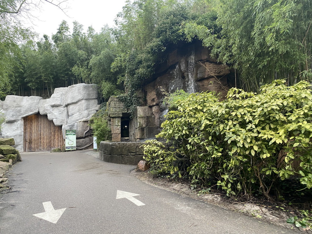 Front of the Taman Indah building with waterfall at the Asia area at the Diergaarde Blijdorp zoo