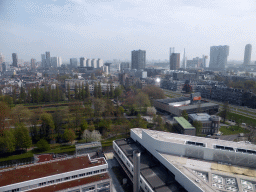 The east side of the Erasmus MC hospital, the Museumpark, the Natuurhistorisch Museum Rotterdam, the Kunsthal Rotterdam museum and the skyline of Rotterdam with the Erasmusbrug bridge over the Nieuwe Maas river, viewed from the 17th floor of the tower of the Erasmus MC hospital