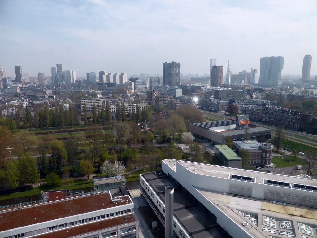 The east side of the Erasmus MC hospital, the Museumpark, the Natuurhistorisch Museum Rotterdam, the Kunsthal Rotterdam museum and the skyline of Rotterdam with the Erasmusbrug bridge over the Nieuwe Maas river, viewed from the 17th floor of the tower of the Erasmus MC hospital