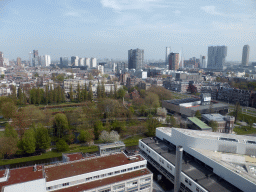 The east side of the Erasmus MC hospital, the Museumpark, the Natuurhistorisch Museum Rotterdam, the Kunsthal Rotterdam museum and the skyline of Rotterdam with the Erasmusbrug bridge over the Nieuwe Maas river, viewed from the 17th floor of the tower of the Erasmus MC hospital