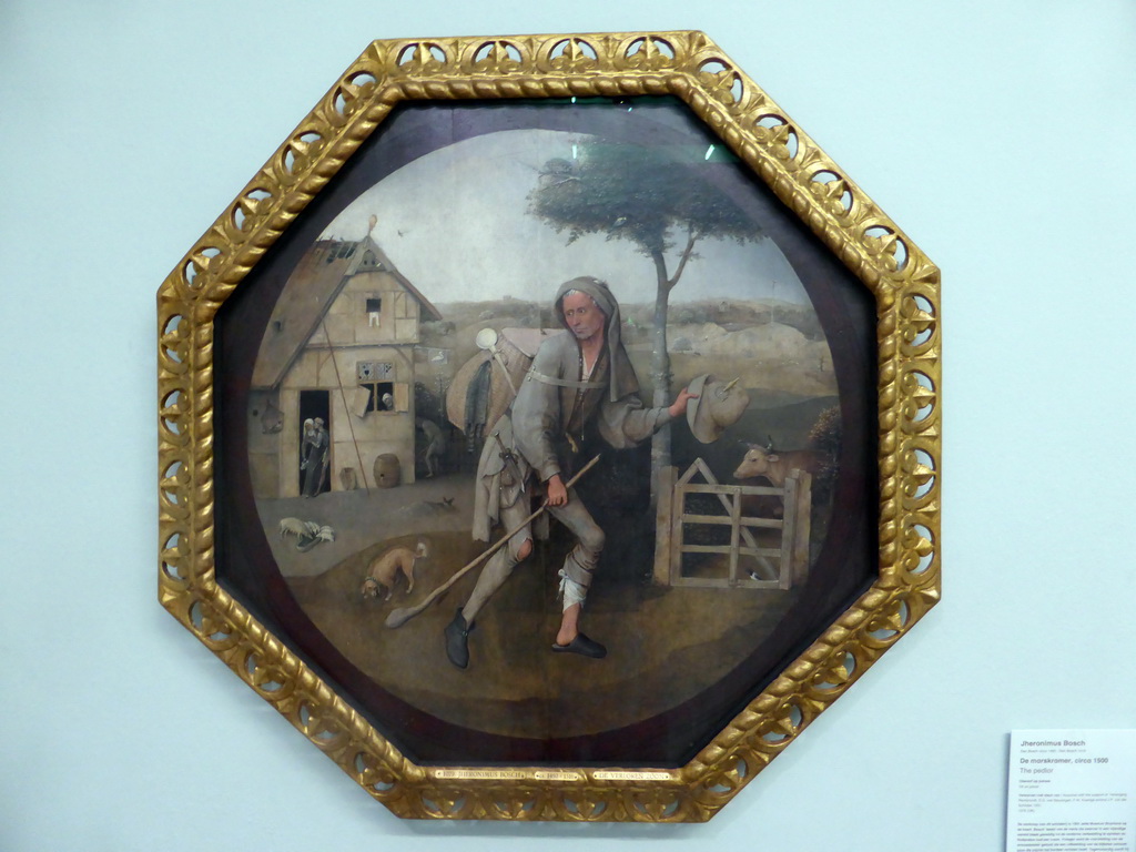 Painting `The Wayfarer` by Hieronymus Bosch, at the First Floor of the Museum Boijmans van Beuningen, with explanation