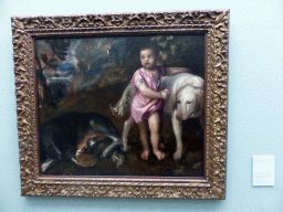 Painting `Boy with Dogs in a Landscape` by Titian, at the First Floor of the Museum Boijmans van Beuningen, with explanation