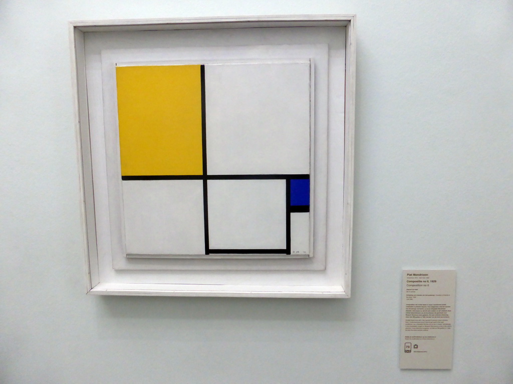 Painting `Composition no. II` by Piet Mondriaan, at the First Floor of the Museum Boijmans van Beuningen, with explanatiom