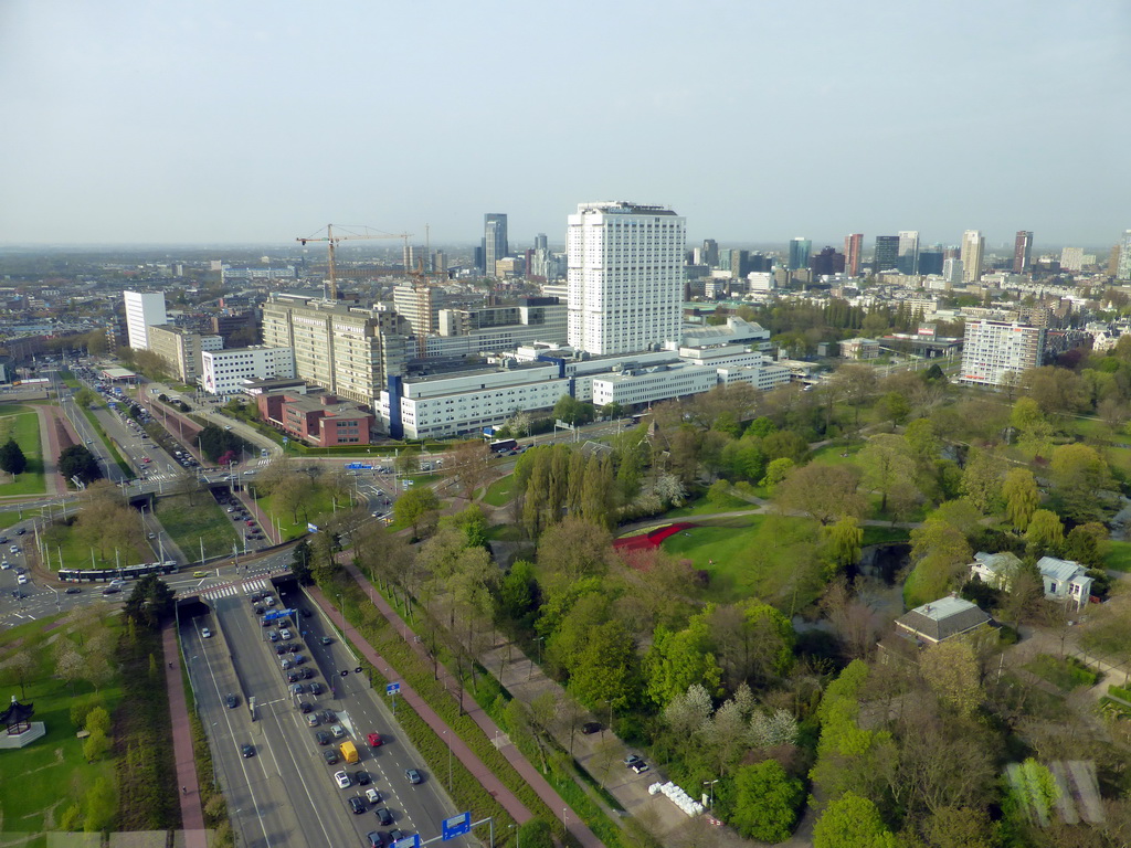 The Park, the Erasmus MC hospital and skyscrapers in the city center, viewed from the restaurant in the Euromast tower