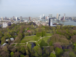 The Park with the Heerenhuys building and the Harbour Club Rotterdam building, the Westerlaantoren tower, the Erasmusbrug bridge over the Nieuwe Maas river and skyscrapers in the city center, viewed from the restaurant in the Euromast tower