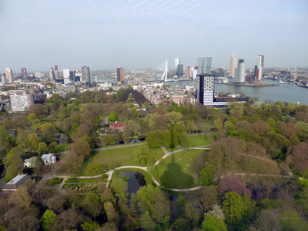 The Park with the Heerenhuys building and the Harbour Club Rotterdam building, the Westerlaantoren tower, the Erasmusbrug bridge over the Nieuwe Maas river and skyscrapers in the city center, viewed from the restaurant in the Euromast tower