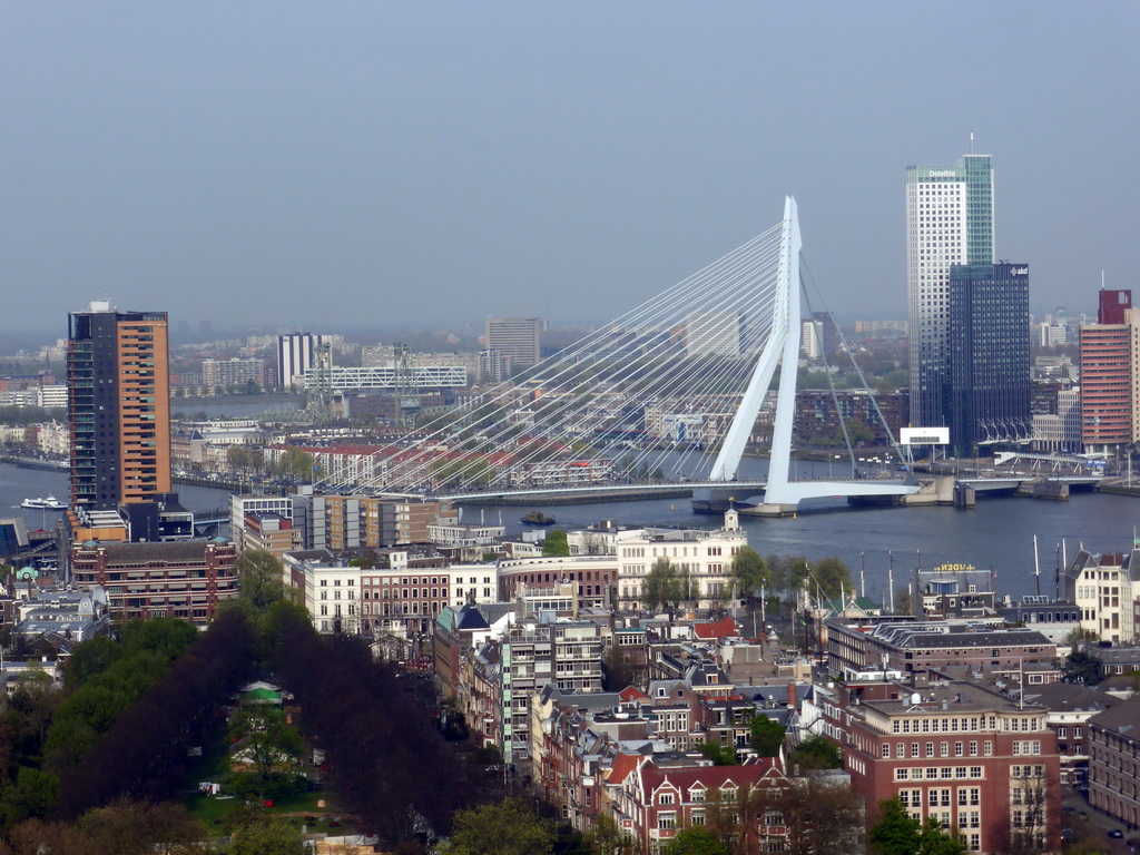 The Erasmusbrug bridge over the Nieuwe Maas river, the Maastoren tower and the Hoge Erasmus tower, viewed from the restaurant in the Euromast tower