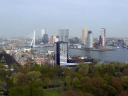 The Park, the Erasmusbrug bridge over the Nieuwe Maas river, the Westerlaantoren tower, the Maastoren tower, the Rotterdam tower, the New Orleans tower, the World Port Center tower, Hotel New York and the Montevideo tower, viewed from the restaurant in the Euromast tower
