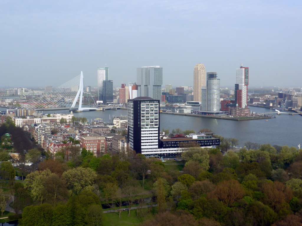 The Park, the Erasmusbrug bridge over the Nieuwe Maas river, the Westerlaantoren tower, the Maastoren tower, the Rotterdam tower, the New Orleans tower, the World Port Center tower, Hotel New York and the Montevideo tower, viewed from the restaurant in the Euromast tower