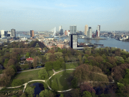 The Park with the Harbour Club Rotterdam building, the Westerlaantoren tower, the Erasmusbrug bridge over the Nieuwe Maas river and skyscrapers in the city center, viewed from the restaurant in the Euromast tower