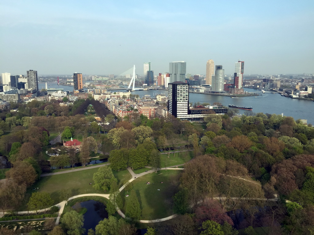 The Park with the Harbour Club Rotterdam building, the Westerlaantoren tower, the Erasmusbrug bridge over the Nieuwe Maas river and skyscrapers in the city center, viewed from the restaurant in the Euromast tower
