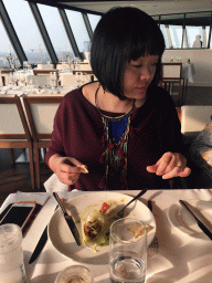 Miaomiao having dinner at the restaurant in the Euromast tower