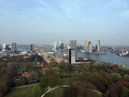 The Park with the Harbour Club Rotterdam building, the Westerlaantoren tower, the Erasmusbrug bridge over the Nieuwe Maas river and skyscrapers in the city center, viewed from the lower viewing platform of the Euromast tower