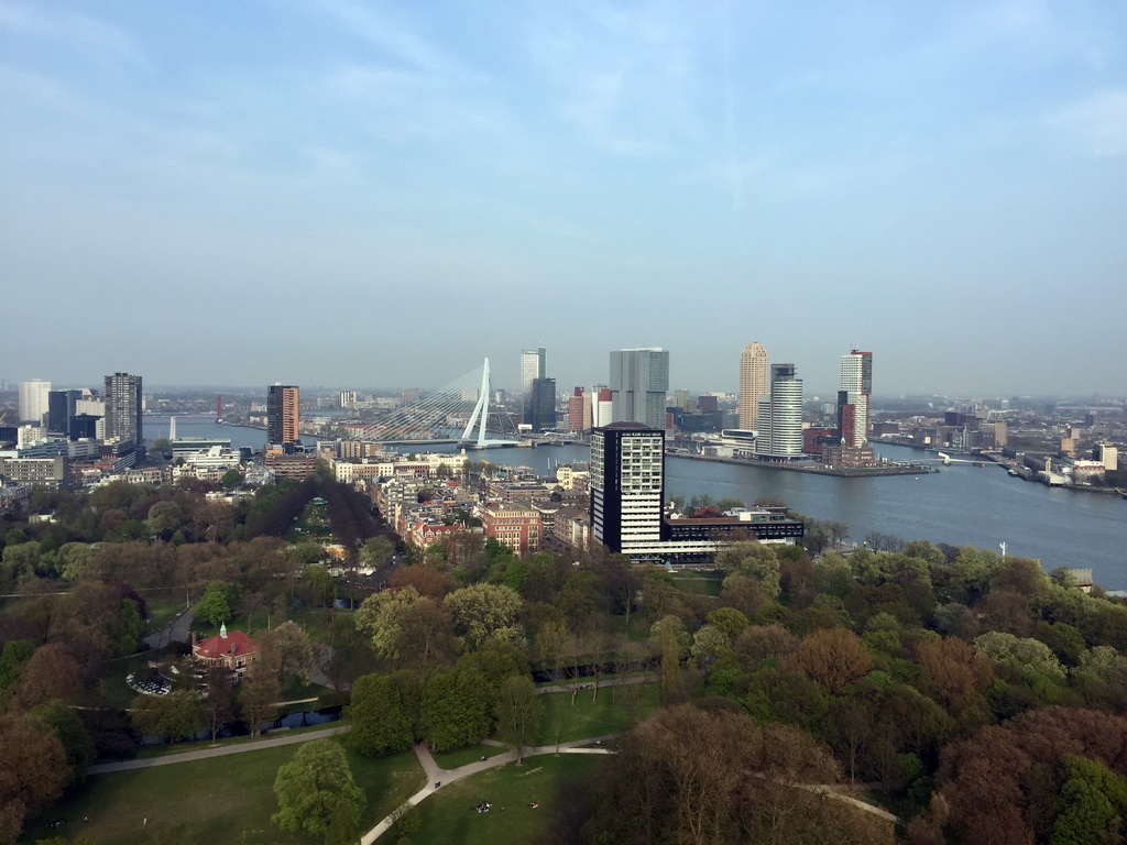 The Park with the Harbour Club Rotterdam building, the Westerlaantoren tower, the Erasmusbrug bridge over the Nieuwe Maas river and skyscrapers in the city center, viewed from the lower viewing platform of the Euromast tower