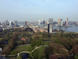 The Park with the Harbour Club Rotterdam building, the Westerlaantoren tower, the Erasmusbrug bridge over the Nieuwe Maas river and skyscrapers in the city center, viewed from the lower viewing platform of the Euromast tower