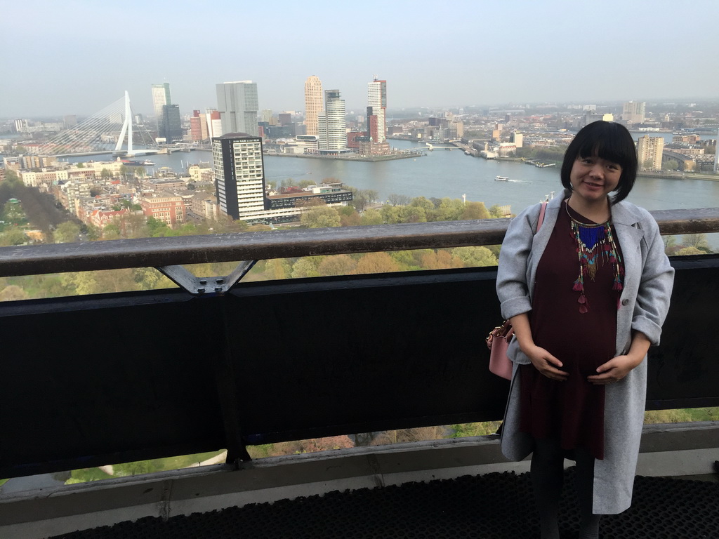 Miaomiao at the lower viewing platform of the Euromast tower, with a view on the Park, the Westerlaantoren tower, the Erasmusbrug bridge over the Nieuwe Maas river and skyscrapers in the city center