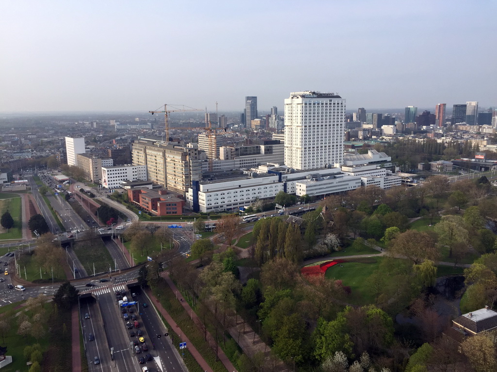 The Park, the Erasmus MC hospital and skyscrapers in the city center, viewed from the lower viewing platform of the Euromast tower