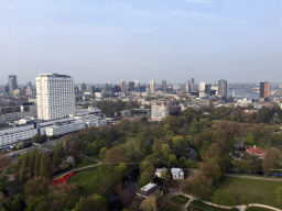 The Park with the Heerenhuys building and the Harbour Club Rotterdam building, the Erasmus MC hospital, the Nieuwe Maas river and skyscrapers in the city center, viewed from the lower viewing platform of the Euromast tower