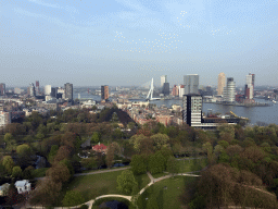 The Park with the Heerenhuys building and the Harbour Club Rotterdam building, the Westerlaantoren tower, the Erasmusbrug bridge over the Nieuwe Maas river and skyscrapers in the city center, viewed from the lower viewing platform of the Euromast tower
