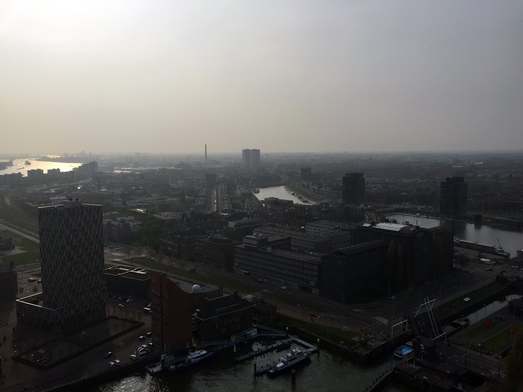Buildings at the Parkhaven and Coolhaven harbours, and the Grote Parksluis sluice, viewed from the lower viewing platform of the Euromast tower