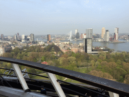 The Park with the Harbour Club Rotterdam building, the Westerlaantoren tower, the Erasmusbrug bridge over the Nieuwe Maas river and skyscrapers in the city center, viewed from the upper viewing platform of the Euromast tower