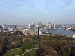 The Park, the Westerlaantoren tower, the Erasmusbrug bridge over the Nieuwe Maas river and skyscrapers in the city center, viewed from the upper viewing platform of the Euromast tower