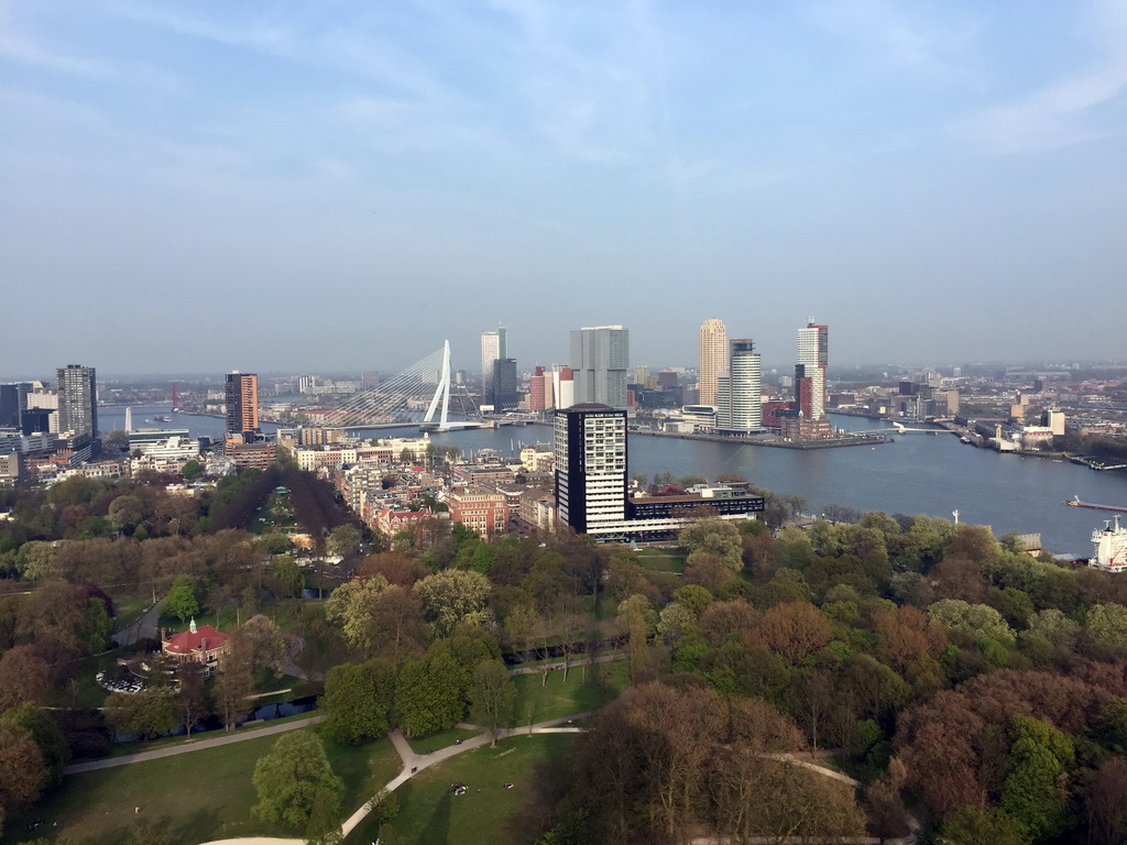 The Park, the Westerlaantoren tower, the Erasmusbrug bridge over the Nieuwe Maas river and skyscrapers in the city center, viewed from the upper viewing platform of the Euromast tower