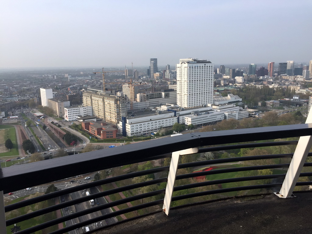 The Park, the Erasmus MC hospital and skyscrapers in the city center, viewed from the upper viewing platform of the Euromast tower