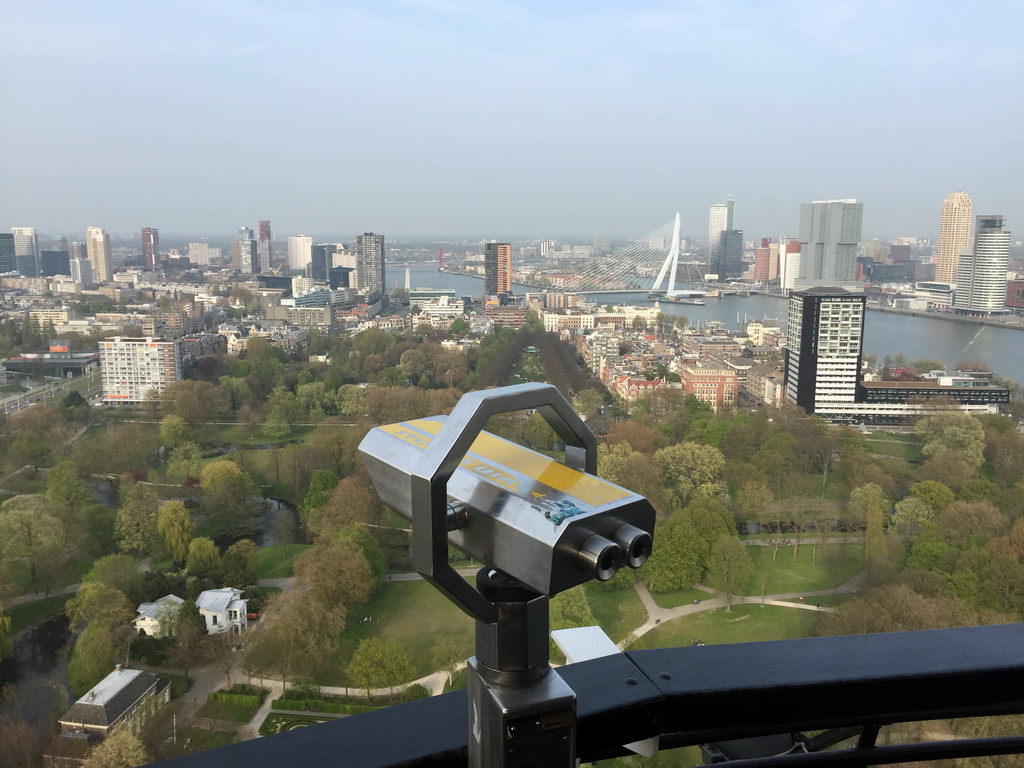 The Park with the Harbour Club Rotterdam building, the Westerlaantoren tower, the Erasmusbrug bridge over the Nieuwe Maas river and skyscrapers in the city center, viewed from the upper viewing platform of the Euromast tower