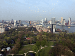 The Park with the Heerenhuys building and the Harbour Club Rotterdam building, the Westerlaantoren tower, the Erasmusbrug bridge over the Nieuwe Maas river and skyscrapers in the city center, viewed from the upper viewing platform of the Euromast tower