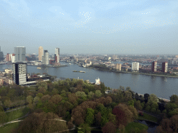 The Park, the Nieuwe Maas river, the Rotterdam tower, the New Orleans tower, the World Port Center tower, Hotel New York and the Montevideo tower, viewed from the upper viewing platform of the Euromast tower