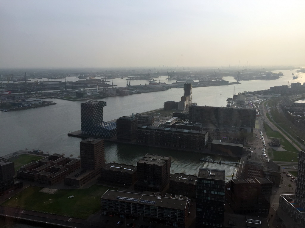 Buildings at the Parkhaven and Sint-Jobshaven harbours, and the Nieuwe Maas river, viewed from the Euroscoop platform of the Euromast tower