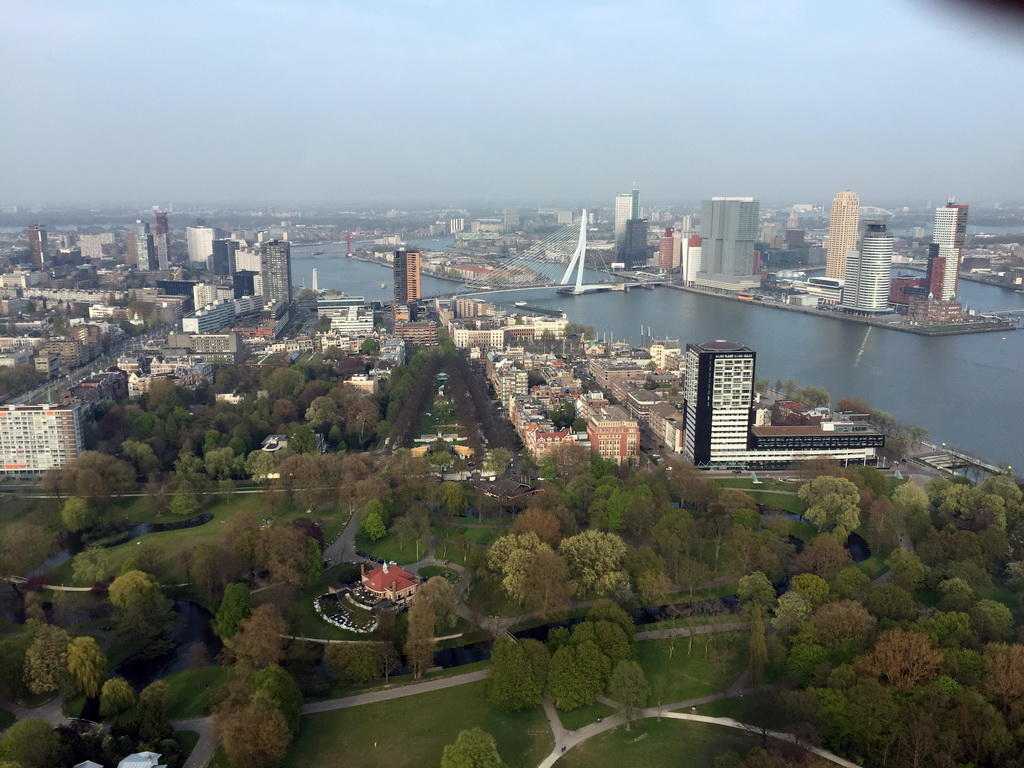 The Park with the Harbour Club Rotterdam building, the Westerlaantoren tower, the Erasmusbrug bridge over the Nieuwe Maas river and skyscrapers in the city center, viewed from the Euroscoop platform of the Euromast tower