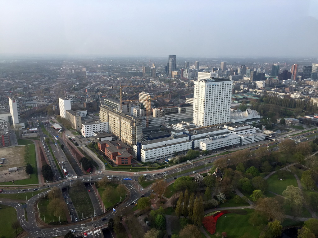 The Park, the Erasmus MC hospital and skyscrapers in the city center, viewed from the Euroscoop platform of the Euromast tower