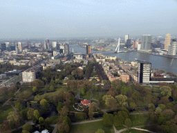 The Park with the Harbour Club Rotterdam building, the Westerlaantoren tower, the Erasmusbrug bridge over the Nieuwe Maas river and skyscrapers in the city center, viewed from the Euroscoop platform of the Euromast tower