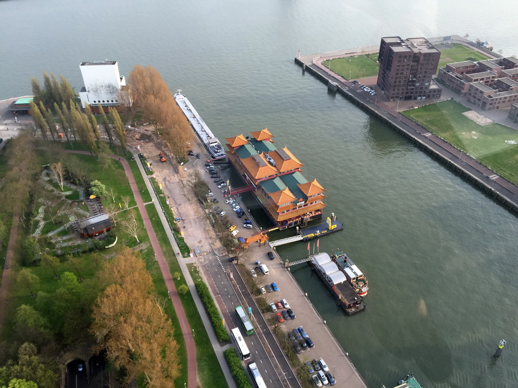 The New Ocean Paradise Hotel in the Parkhaven harbour and the Nieuwe Maas river, viewed from the restaurant in the Euromast tower