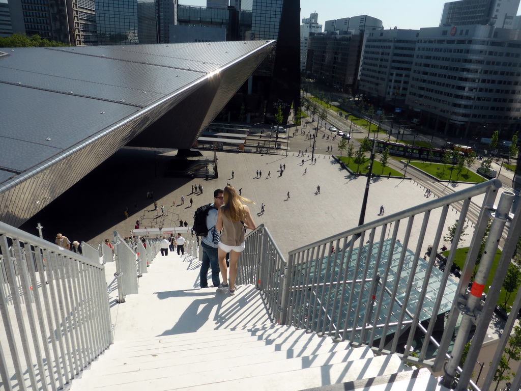 The Stationsplein square and the Rotterdam Central Railway Station, viewed from the upper end of the `De Trap` staircase at the top of the Groothandelsgebouw building