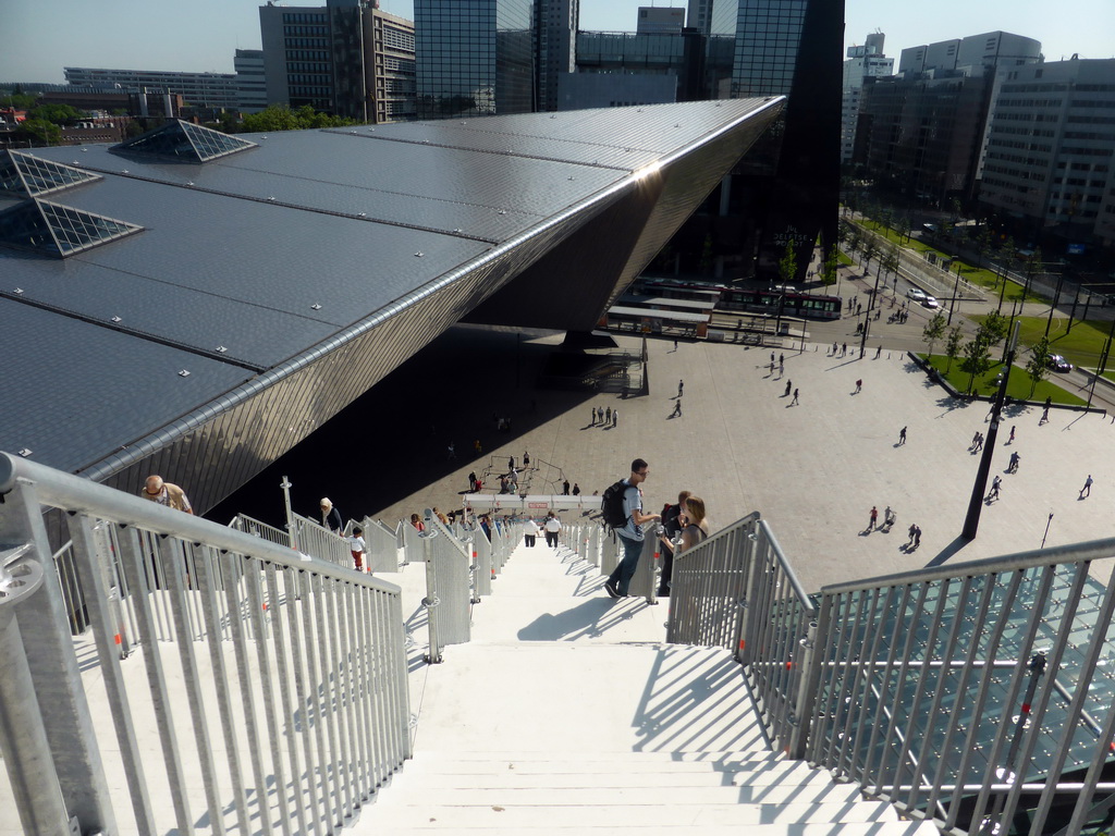 The Stationsplein square and the Rotterdam Central Railway Station, viewed from the upper end of the `De Trap` staircase at the roof of the Groothandelsgebouw building