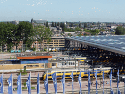 The train tracks at the west side of the Rotterdam Central Railway Station and the north side of the city with the Prinsekerk church, viewed from the roof of the Groothandelsgebouw building