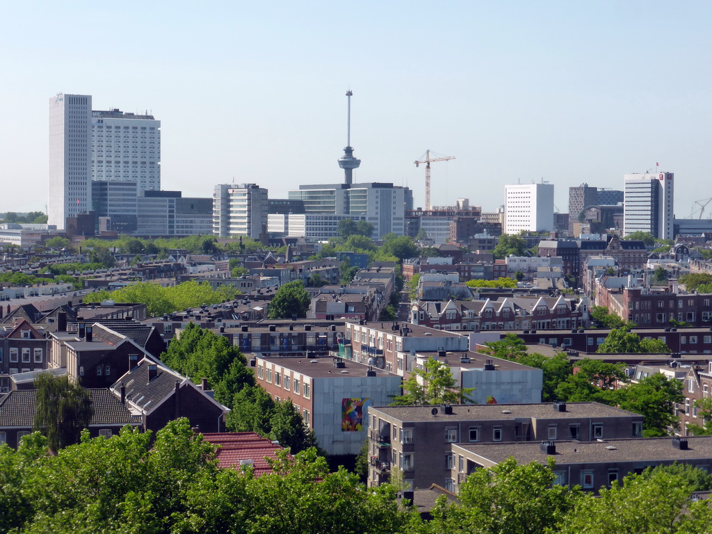 The south side of the city with the Erasmus MC hospital and the Euromast tower, viewed from the roof of the Groothandelsgebouw building