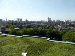 The south side of the city with the Erasmus MC hospital, the Euromast tower, the Erasmusbrug bridge and skyscrapers in the city center, viewed from the roof of the Groothandelsgebouw building