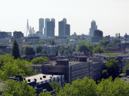 The south side of the city with the Erasmusbrug bridge and skyscrapers in the city center, viewed from the roof of the Groothandelsgebouw building