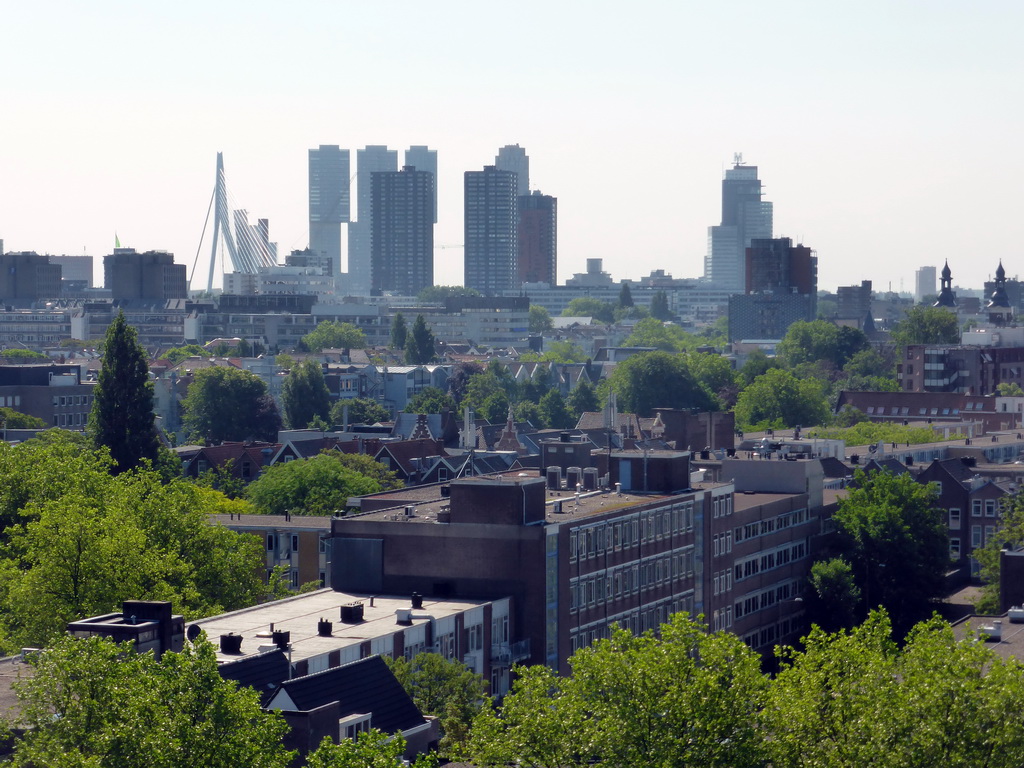 The south side of the city with the Erasmusbrug bridge and skyscrapers in the city center, viewed from the roof of the Groothandelsgebouw building