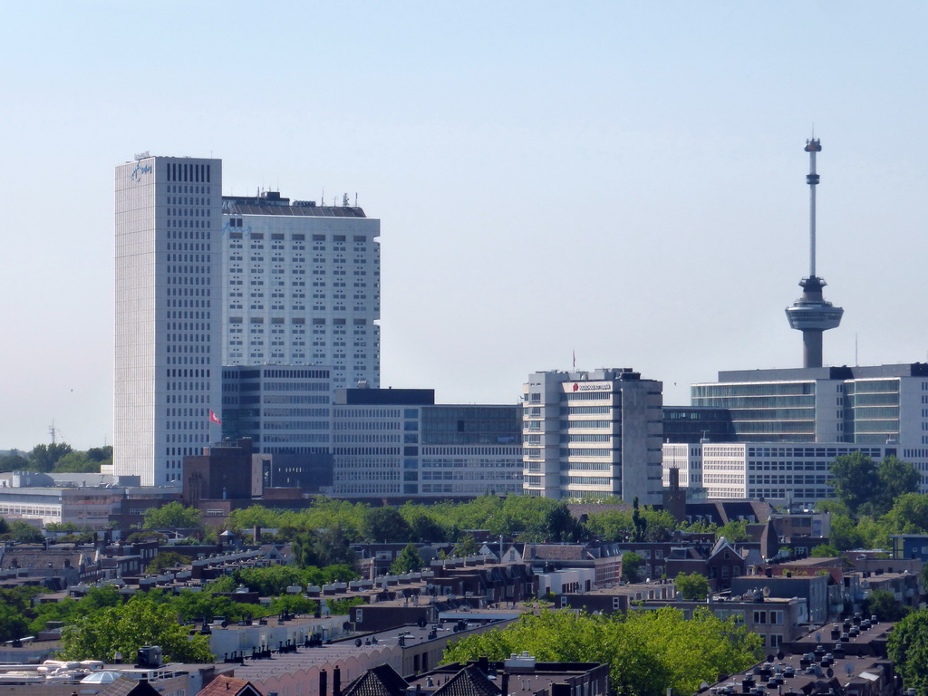 The Erasmus MC hospital and the Euromast tower, viewed from the roof of the Groothandelsgebouw building