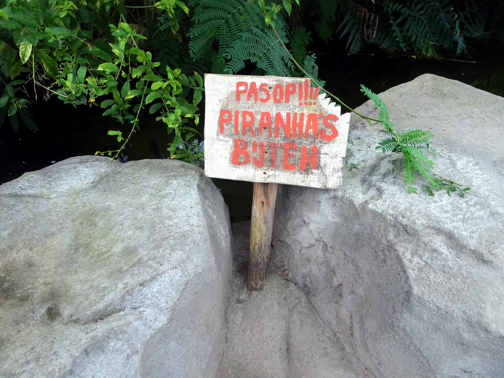 Warning sign for Piranhas in the Amazonica building at the South America area at the Diergaarde Blijdorp zoo
