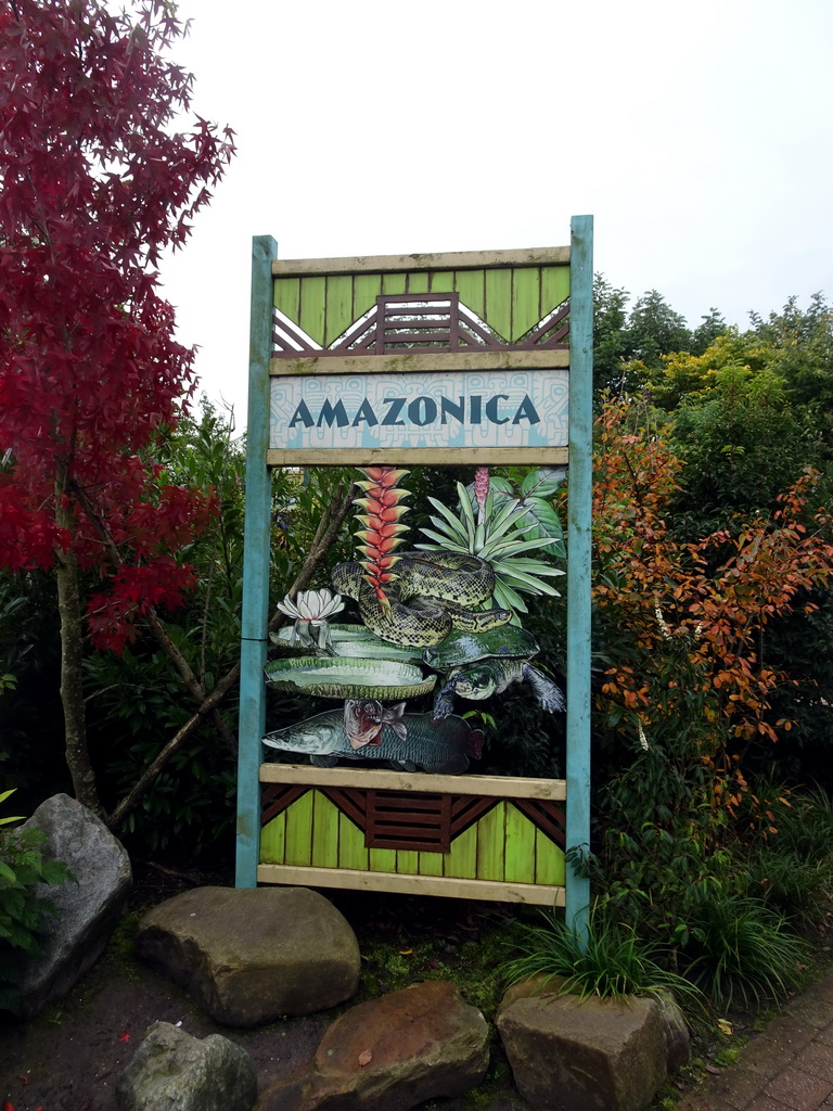 Entrance sign of the Amazonica building at the South America area at the Diergaarde Blijdorp zoo