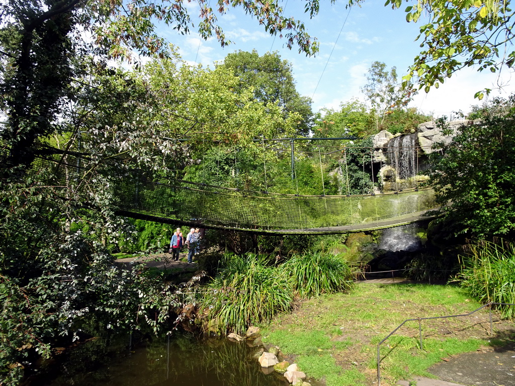 Waterfall and suspension bridge at the Burung Asia section at the Asia area at the Diergaarde Blijdorp zoo