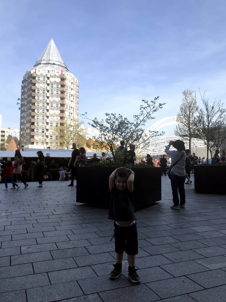 Max in front of the Blaaktoren tower and the Rotterdam Blaak Railway Station at the Binnenrotte square