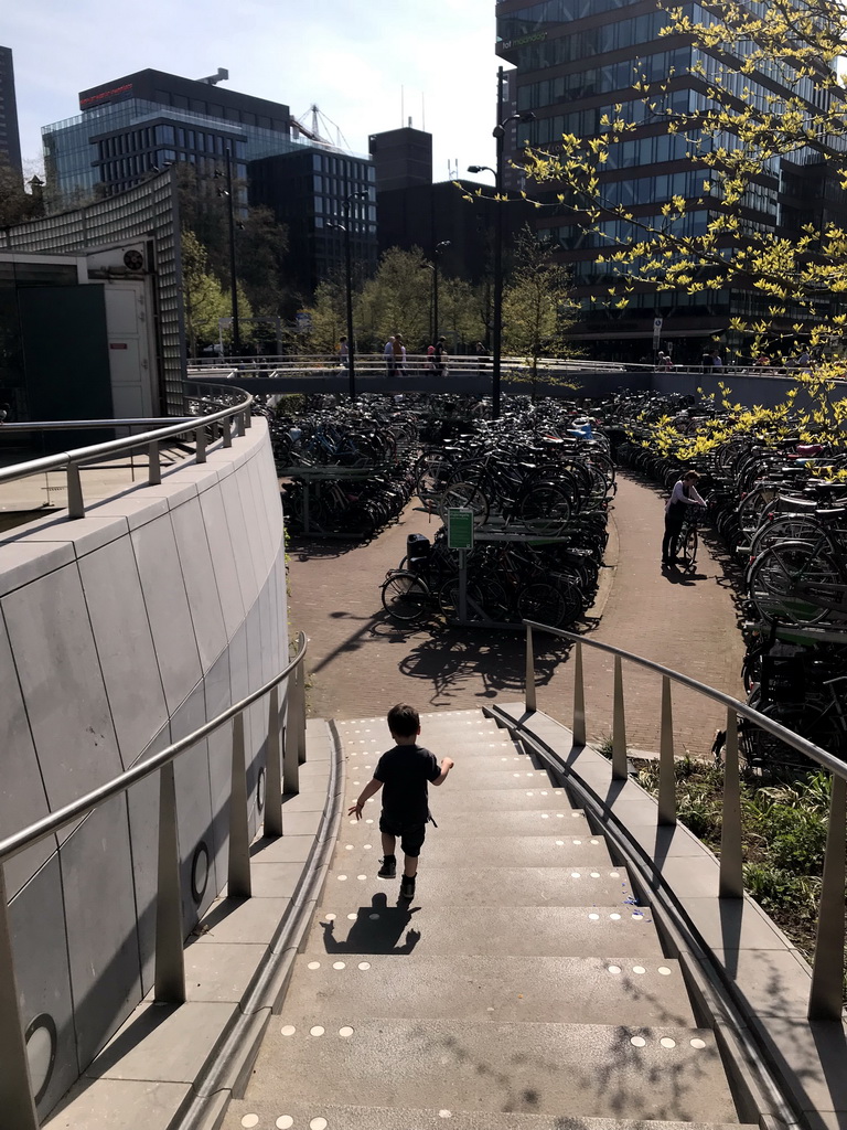 Max on the staircase of the bicycle parking lot of the Rotterdam Blaak Railway Station at the Binnenrotte square